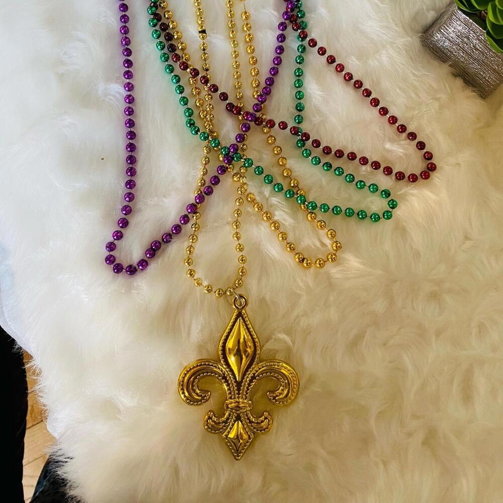 Mardi Gras Beaded Necklace with Fleur-de-Lis Pendant